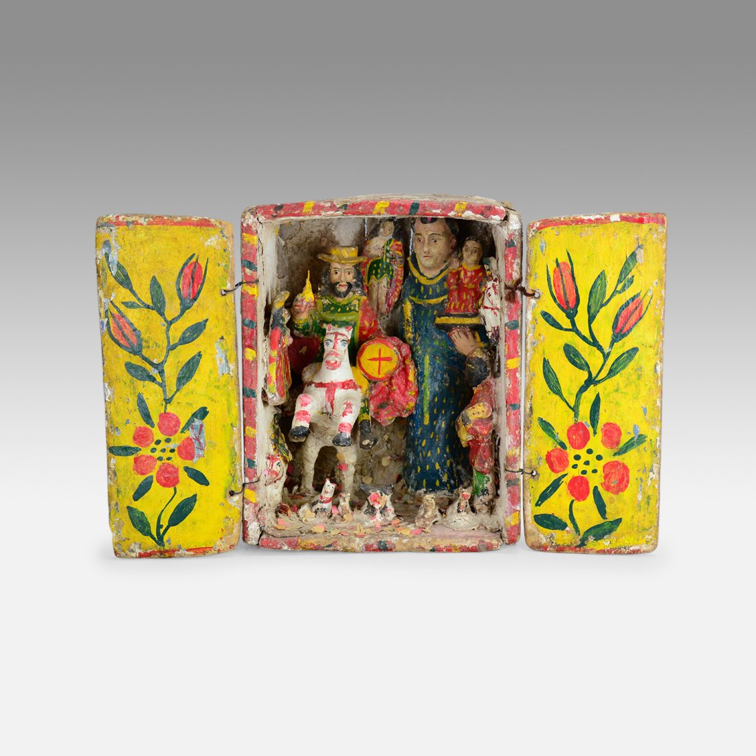 Vintage Early 20thC Peruvian Painted Wood Creche Retablo #2: Ca. early 20thC. Age appropriate surface wear along with minor wood losses. Approx. 8" wide when closed. 14" wide when open. Ex-Nooter coll.