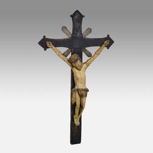 Antique 19thC Lithuanian Carved and Painted Wood Crucifix: Ca. mid 19thC. Very good and complete, with age appropriate surface wear and minor losses. Good large size: approx. H: 46" W: 27". Ex-Nooter coll.