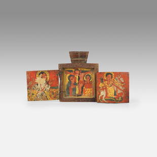 Ethiopian Carved and Painted Wood Double Diptych Icon Pendant: Ca. 18th to 19thC. Approx. H: 3" W: 2 1/2". Overall good condition with paint loss and minor surface losses as shown, all age appropriate wear. Ex-Sloan's. Ex-Nooter coll.