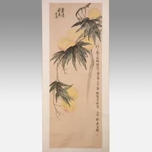 Good 20thC Signed Chinese Hand Painted Scroll Peaches with Leaves: Ca. 20thC. Very good with slight creases and light spots. The entire scroll size is stated below, the actual painting size is approx. 34 1/2" by 12 1/2". Ex-Sloan's 1996. Ex-Nooter coll.