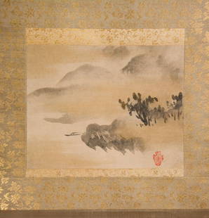 Antique 18th-19thC Japanese Edo Period Kano School Misty River Kakejiku Scroll w/Red Urn Seal: Ca. late 18th to mid 19thC. Ink on paper. Excellent with no loss, rips or repairs. Overall age toning. The entire scroll size is shown below, the actual painting size is approx. 10 1/4" by 12 3/4". Bo
