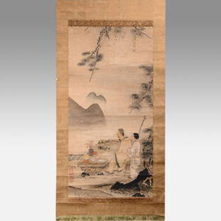 Edo Period Japanese Kano School Kakejiku Scroll Scholar and Attendant w/Red Seal: Ca. 17thC. Fair with crease lines throughout, with slight surface loss and light age appropriate dark stains as shown. Two red seals can be seen lower left. The entire scroll size is stated below, the
