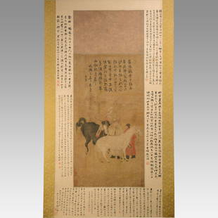 Chinese Late Ming Dynasty Scroll Painting Horses and Attendants w/Poems and Seals: Ca. 17thC. The condition is very good, with minor surface abrasions as shown, little to no creases. Overall toning, with areas showing lighter color. There are six red collector seals stamped within t