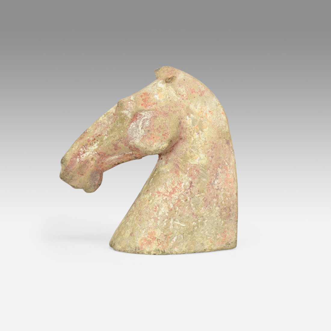 Antique Chinese Han Dynasty Pottery Horse Head: Ca. 3rd Century AD. Excellent with age appropriate wear including a chip on the top, and minor edge issues. Purchased 1983 in Paris from Jacques Barrere. H: 5 3/4" W: 6". Ex-Nooter coll. Copy of origi