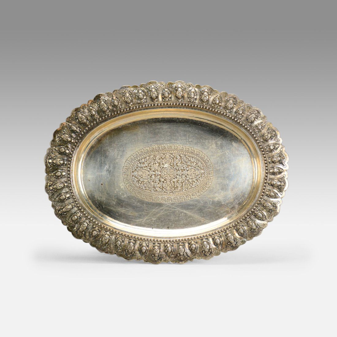 Antique 19thC North Indian Hand Chased Footed Silver Serving Tray (1 of 13)