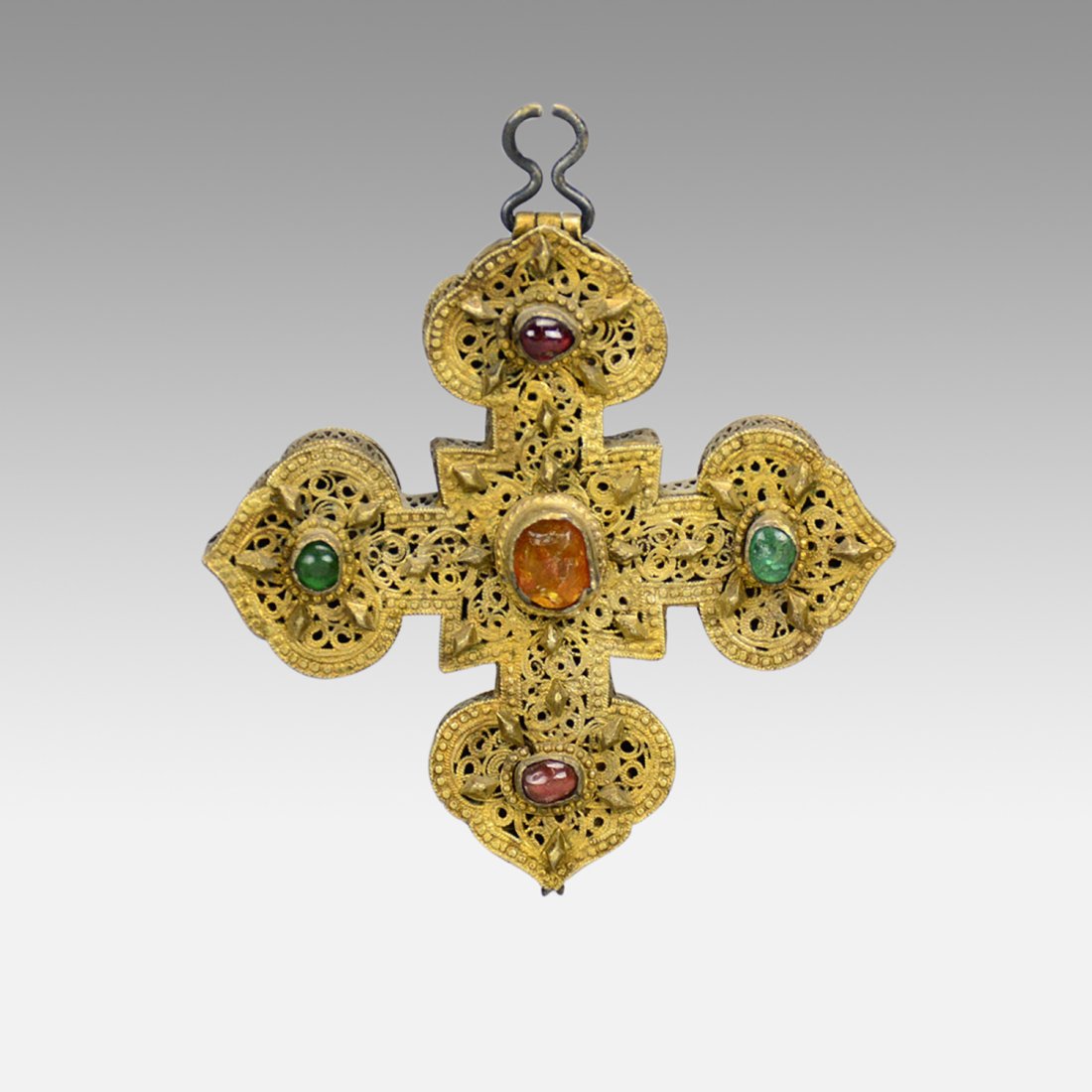 Antique 18thC Gilt Silver Armenian Reliquary Pendant Cross w/Stones: Ca. mid to late 18thC. Excellent with no breaks, dents or repairs. Stones show wear to surface, with inclusions. Hinged at the top, with a tiny removable set screw on the bottom keeping the two sectio