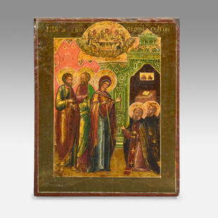 Antique 18thC Russian Painted Wood Icon "Mother of God to St. Sergius": Ca. first quarter to third quarter 18thC. Very good condition with very slight brown ground in-paint upper left. We believe this icon represents "The Appearance of the Mother of God to St Sergei of Ra