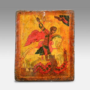 Antique Early 19thC Russian Painted Wood Icon St George and the Dragon: Ca. first half 19thC. Good with minor repaint and overall crazing lines. Measures approx. 5 1/2" x 4 1/2" x 1" thick. Ex-Nooter coll.