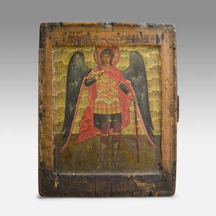 Antique 18thC Russian Painted Wood Icon St. Michael the Archangel: Ca. mid to late 18thC. Good with surface paint and wood losses as shown. Purchased in Vilnius 1994. Approx. H: 9" W: 7". Ex-Nooter coll.