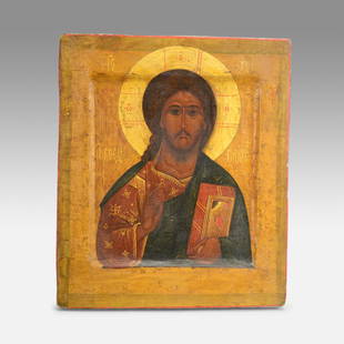 Antique 18thC Russian Painted Wood Icon Pantocrator of Christ: Ca. late 18th to first quarter 19thC. Very good with light age appropriate surface wear with overall crazing within the tempura. The sides show some wood losses, all minor. Approx. H: 8 1/2" W: 7