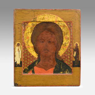 Antique 18thC Russian Painted Wood Icon Christ The Grimm Eye: Ca. late 17th to first half 18thC. Good with paint edge loss, overall wear with crazing within the tempura. Approx. H: 12" W: 11". Purchased in Yerevan 1996. Ex-Nooter coll.