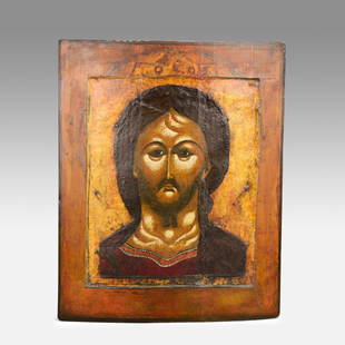 Antique 16thC Russian Painted Wood Icon Christ of the Fiery Eye: Ca. mid to late 16thC. Good with professional restorations. Original painting was transferred to an 18thC backing. Approx. H: 15 1/4" W: 13". Ex-Nooter coll.