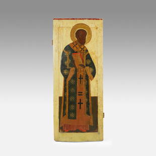 Antique 17thC Russian Painted Wood Icon John Chrysostom  Very Large: Ca. mid to late 17thC. Very good with professional restoration. Age appropriate surface wear and environmental discoloration. Approx. H: 45" W: 20". Purchased New York 1997. Ex-Nooter coll.