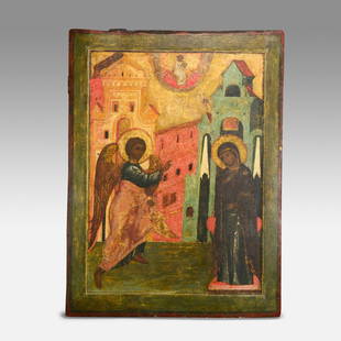 Large Antique 16thC Russian Novgorod Painted Wood Icon The Annunciation: Ca. mid 16thC. Good with likely restorations, age appropriate surface wear and expected environmental paint color lightening. Approx. H: 30 3/8" W: 23". Ex-Nooter coll.Purchased Latvia/Riga Volmar Ant