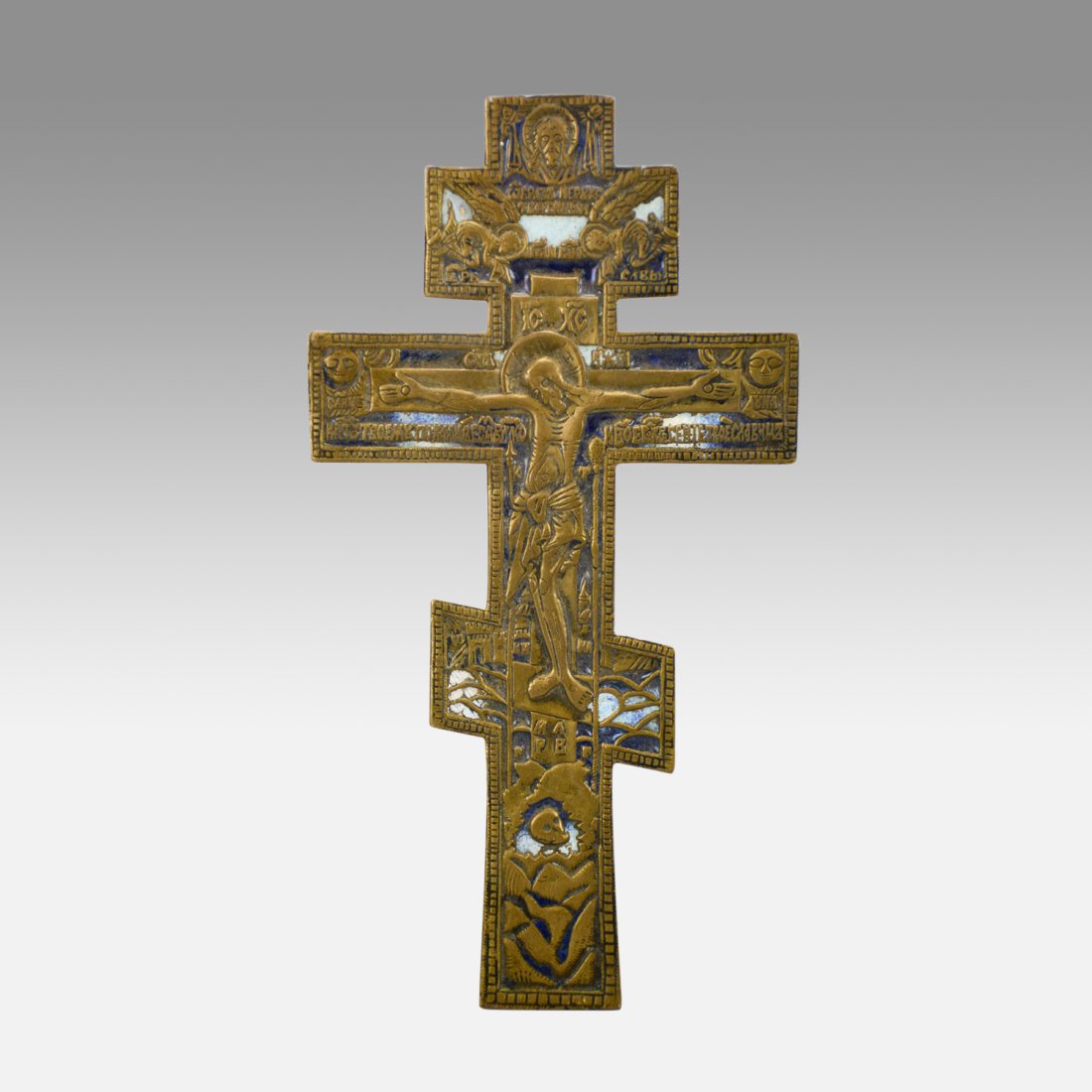 Antique 19thC Russian Orthodox Brass and Enamel Crucifix Cross Metal Icon (1 of 10)