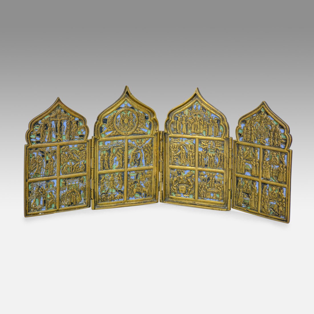 Antique 19thC Russian Orthodox Enameled Brass Four-Panel Folding Traveling Icon (1 of 20)