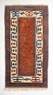 Caucasian Talish Rug Azerbaijan 7' 10" x 4': Ca. late 20thC. Very good with no holes or repairs. Water stains shown in the middle ground as areas of lighter color. Ex-Nooter.