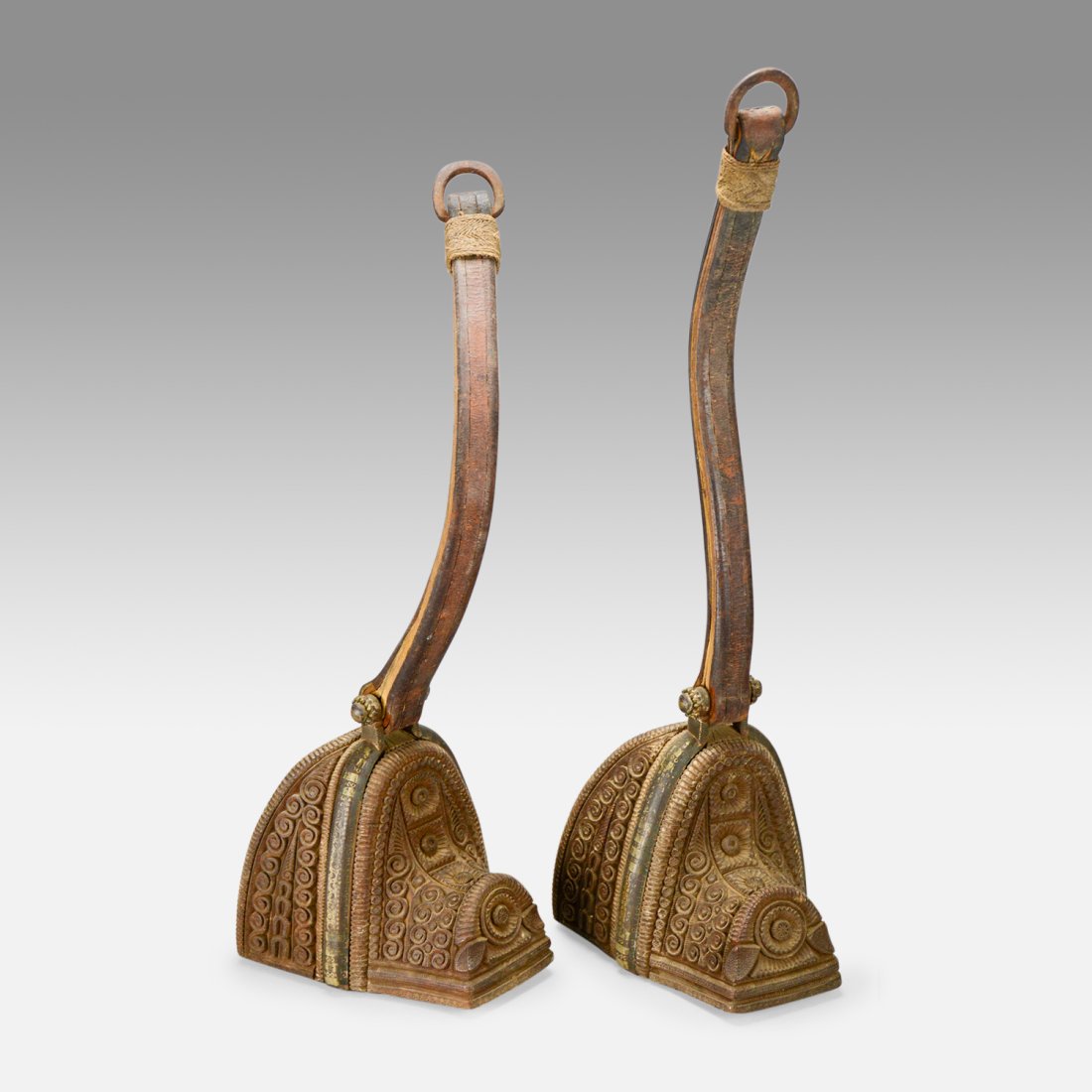Pair Antique 19thC Colonial Chilean Carved Wood, Iron and Leather Huasos Stirrups (1 of 19)
