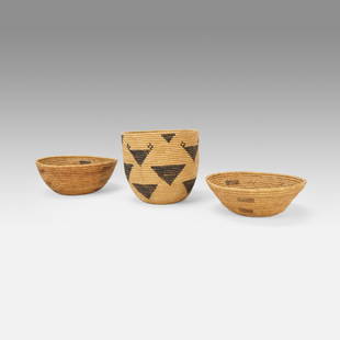 Three Mid-20thC African Yemeni Tribal Storage Baskets: Ca. first half 20thC. The three appear to be in very good original condition with no breakage or splits. Largest basket measures approx. 5 3/4" by 6 1/4". Smallest basket measures approx. 2 1/4" by 7"