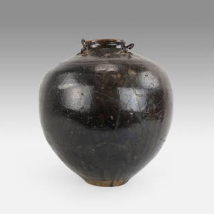 Large Antique 18thC South Chinese Black Martaban Stoneware Storage Jar: Ca. 17th to 18thC. Possibly earlier. Shows repairs - please enlarge pictures. From the Nooter collection.