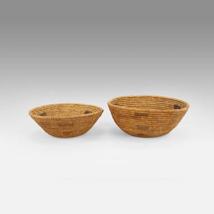 Two Old Pima Native American Indian Tribal Basket Bowls: Ca. first quarter 20thC. Very good with no obvious breaks or repairs. Larger bowls measurements included in listing. Smaller bowl measures 2 1/4" high and 6 3/4" wide. Ex-Nooter coll.