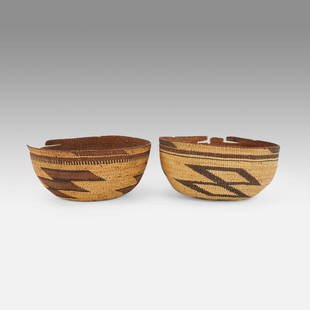 Two Vintage Yurok Hupa Native American Indian Tribal Basket Bowl Hats: Ca. early 20thC. Fair with horizontal breaks and rim issues. The bowls are roughly the same size with one being slightly shorter and wider, the included measurements are for the taller bowl. Hupa hat