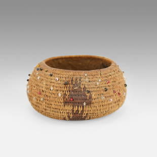 Antique Pomo Native American Indian Tribal Treasure Basket with Trade Beads: Ca. late 19th to early 20thC. The pictures show the dust and dirt we did not clean. Needs a soft brush to remove. Otherwise fine with no breaks or repairs, showing only age appropriate wear. This is