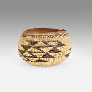 Old Yurok Native American Indian Tribal Soft Basket Bowl: Ca. late 19th to first quarter 20thC. Fair with rim condition issues as shown, and horizontal breaks within the body-see pics. Ex-Nooter coll.