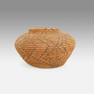 Old Pima Native American Indian Tribal Olla Basket: Ca. first quarter to first half 20thC. Very good with age appropriate wear, with some missing rim wrap and one split. Please enlarge the pictures for the best condition report. Ex-Nooter coll.