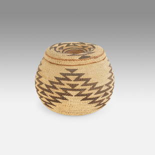 Vintage Yurok Native American Indian Tribal Lidded Basket: Ca. first quarter 20thC. Very good with no holes or repairs. Ex-Nooter coll.