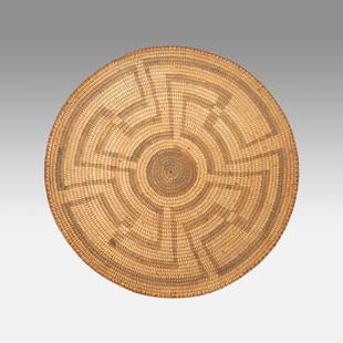 Old Pima Native American Indian Whirling Logs of Life Tribal Basket Tray: Ca. first quarter 20thC. Very good with no breaks or repairs. Purchased Andrew's Pueblo Pottery, Albuquerque 1993. Ex-Nooter coll.