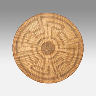 Old Pima Native American Indian Whirling Logs of Life Tribal Basket Tray: Ca. first quarter 20thC. Very good with no breaks or repairs. Purchased Andrew's Pueblo Pottery, Albuquerque 1993. Ex-Nooter coll.