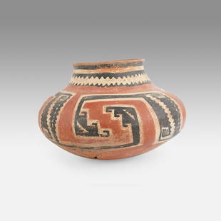 Large Antique Salado Tonto Polychrome Painted Olla Native American Indian Tribal Pottery: Ca. 800 to 900 AD. Repaired neck with chip on rim and surface wear and abrasions as expected with age and use. Ex-Nooter coll.Original copy of Tiqua Gallery receipt can be included if requested.