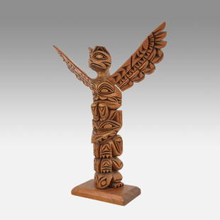 Sam Williams Nuu-chah-nulth Northwest Coast Hand Carved Wood Tribal Totem Pole: Ca. 20thC. Excellent with no cracks, chips or repairs. Sam Williams was a member of the famous Williams family carvers. Wings measure 7 1/4" high and 3" wide. From a local DC area estate.