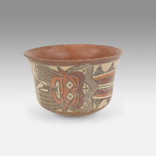 Antique Pre-Columbian Painted Pottery Small Bowl Nazca Peru: Ca. 200-600 BCE. Approx. H: 4" W: 6". Very good with light rip chips. No breaks or repairs. Ex-Nooter coll.