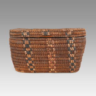 Antique Fraser River Salish Native American Tribal Lidded Container Basket: Ca. late 19th to early 20thC. Good, with age appropriate wear, including missing rim wrap as shown. Please enlarge the pictures for the best condition report. Purchased James Flury 1991. Ex-Nooter col