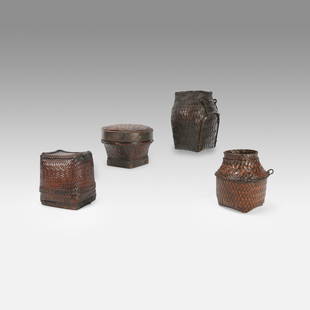 Four Mid 20thC Philippine Tribal Ifugao Woven Rice Storage Container Baskets: Ca. first half 20thC. Tallest basket measures approx. H: 7 1/2" W: 5 1/2". Smallest basket measures approx. H: 6" W: 5". Ex-Nooter coll.