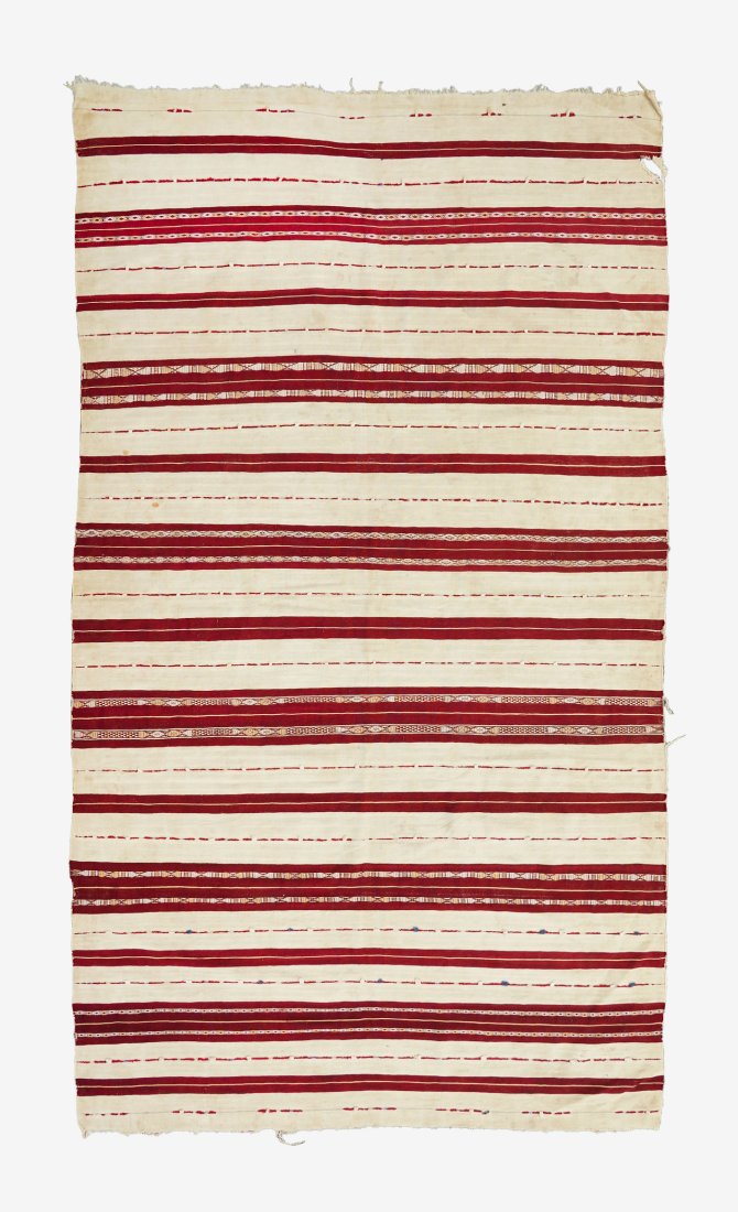 Antique Late 19thC Moroccan Kilim Textile 8' 4" x 4' 6": Ca. mid to late 19thC. Moroccan Kilim, 4â€™6" x 8â€™4". Wine red and pale ivory stripes with totemic emblems and a few details in steel-blue. Overall Light to medium-light soiling, edge fray