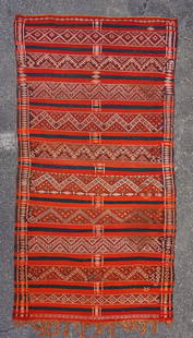 Vintage Moroccan Orange Blue and Red Flat Weave Kilim Textile Rug Carpet: Ca. 20thC. Shows slight staining, needs cleaning, otherwise very good with no rips or repairs. From the Robert and Nancy Nooter textile collection. 8'2" x 4'6"