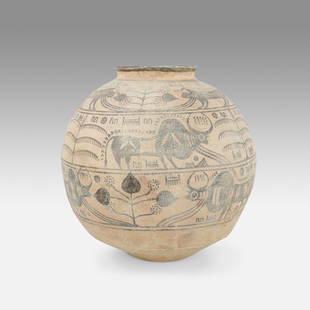 Ancient Indus River Valley Harappan Large Polychrome Pottery Vessel Ball Vase Bowl: Ca. 2500 to 1800 BCE. Painted decoration shows wear, otherwise very good with no chips, cracks or repairs. Purchased Oriental Antique Art 2008 as a Harappan vessel. Ex-Nooter coll.