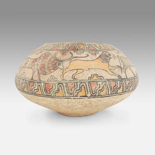 Ancient Indus River Valley Polychrome Pottery Vessel Large Bowl: Ca. 2700 to 2000 BCE. Another very large piece with no chips, cracks or repairs. Painted decoration is bright and complete. This ancient bowl is oversized and impressive in person. Purchased Oriental