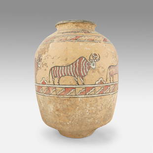 Ancient Indus River Valley Polychrome Pottery Vessel Large Tall Vase: Ca. 2700 to 2000 BCE. Huge and impressive piece showing only minor loss of painted decoration, with encrustations on the lower half, with no chips, cracks or repairs. Purchased Oriental Antique Art 20