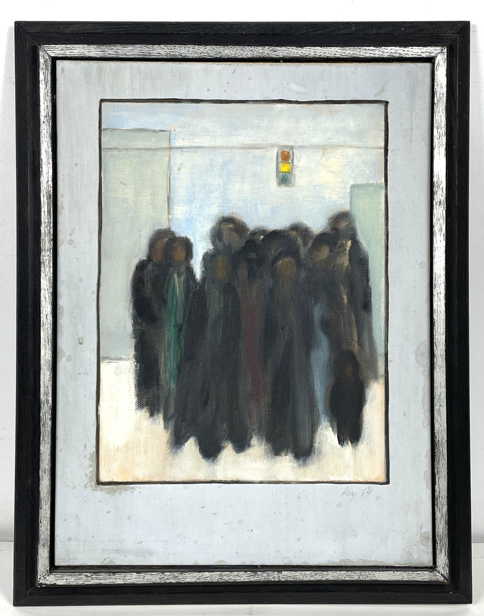 1964 Signed Oil Painting on Board: Good, surface and mat wear. Indistinctly signed as shown. Framed without glass. The float mounted artist board is approx. 9 1/4" x 12 1/4".