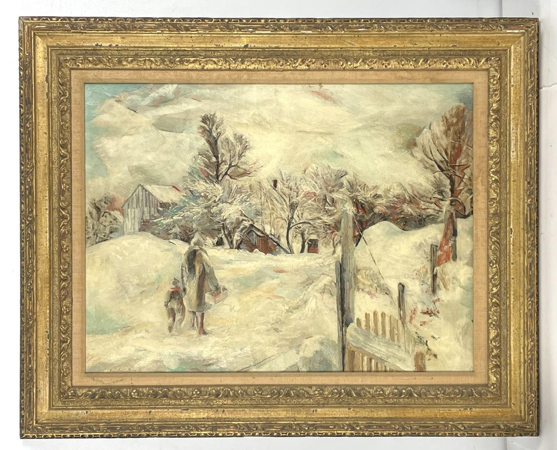 Boyd, Fiske. 1955 Oil Painting on Canvas: Dated 1955. Good condition, frame has minor cosmetic issues. Signed, titled "Scene in Snow". Sight size is approx. 23 1/2" x 17 1/2".