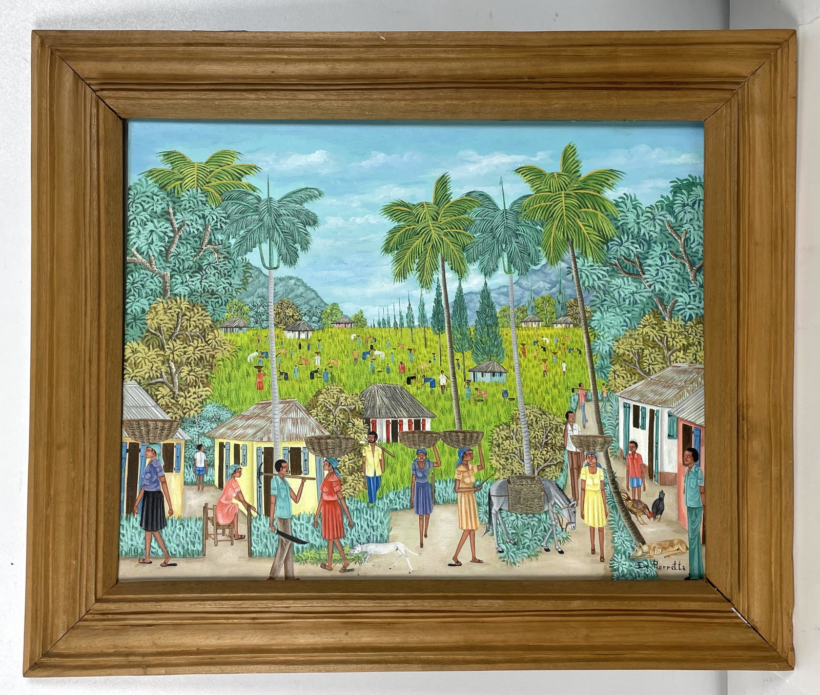 Pierrette, Emmanuel. Haitian Oil Painting on Canvas: Ca 20thC. Good condition, frame is loose. Signed. Intricate Haitian Scene. Sight size is approx. 19 1/4" x 15 1/2".