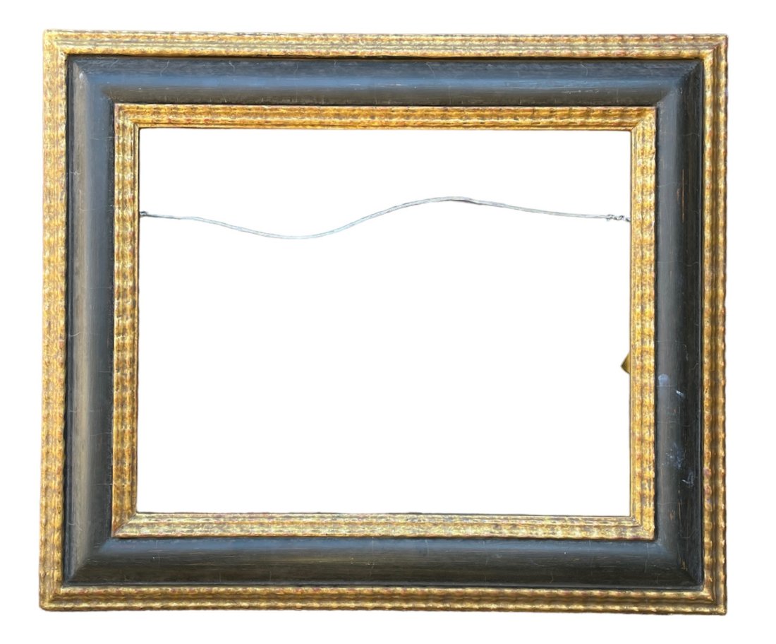 Fine Giltwood and Natural Wood Picture Frame: Sight size is approx. 13 1/2" x 10 3/4". Slight cracking and minimal chips on corners of frame.