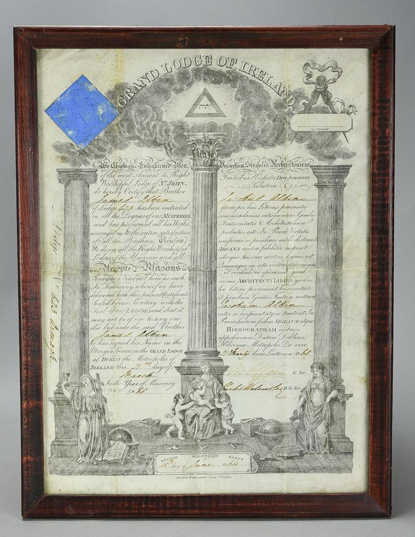 Antique 1864 Free Mason Certificate from the Grand Lodge of Ireland (1 of 3)
