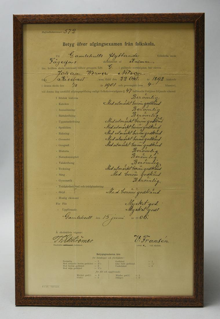 Antique Late-19th/Early 20th Century Scandinavian School Report Card: Antique Late-19th/Early 20th Century Scandinavian School Report Card. Frame Size: 14 5/8" H x 9 1/2" W x 1/2" D