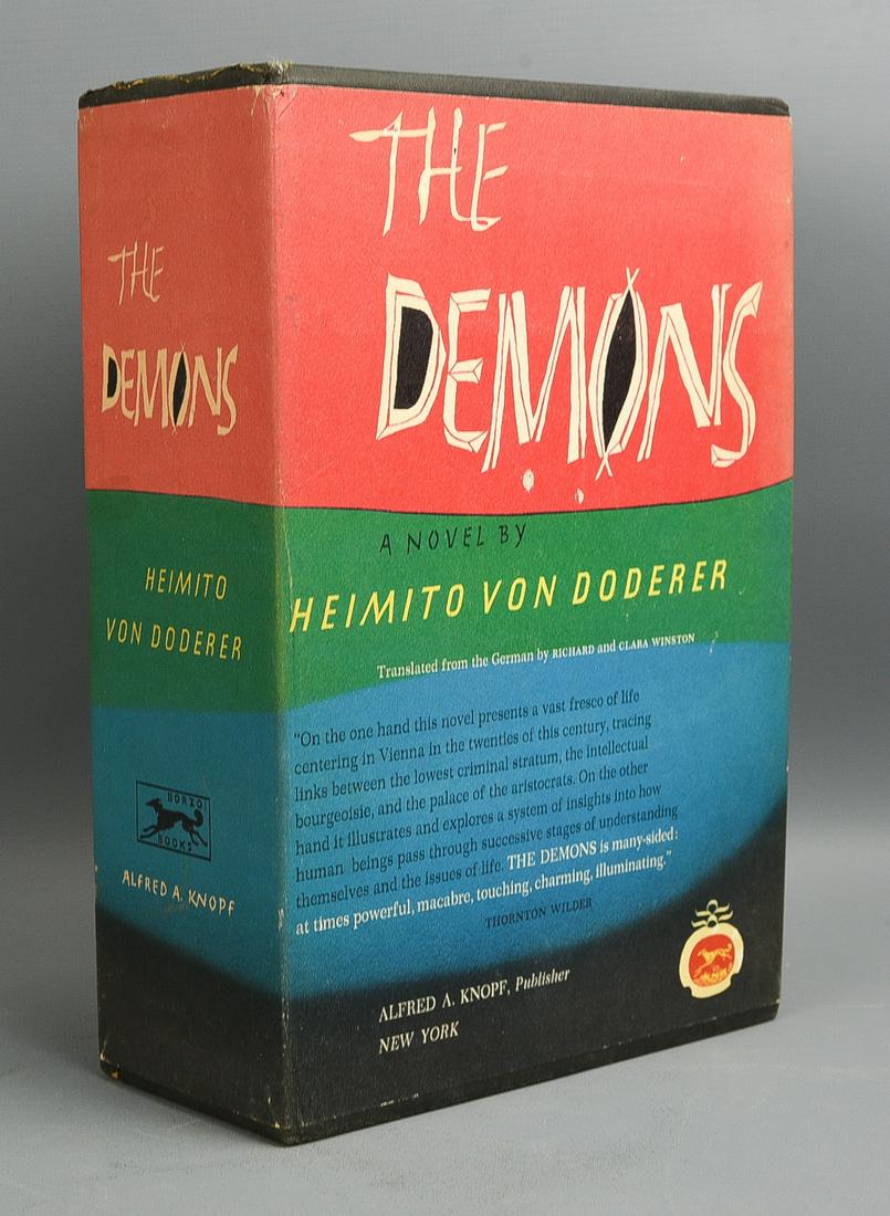 The Demons by Heimito Von Doderer. New York: Alfred A. Knopf, 1961: The Demons by Heimito Von Doderer. New York: Alfred A. Knopf, 1961. Slip case is in good condition with general wear and paint chips. Both dust jackets are in poor to fair to condition with spine disc