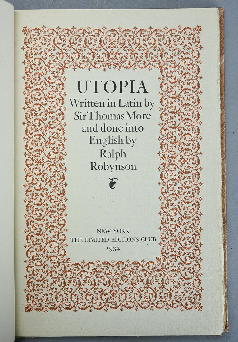 Utopia Written in Latin by Sir Thomas More. Limited Ed. New York: Limited Edition's Club, 1934 (1 of 4)